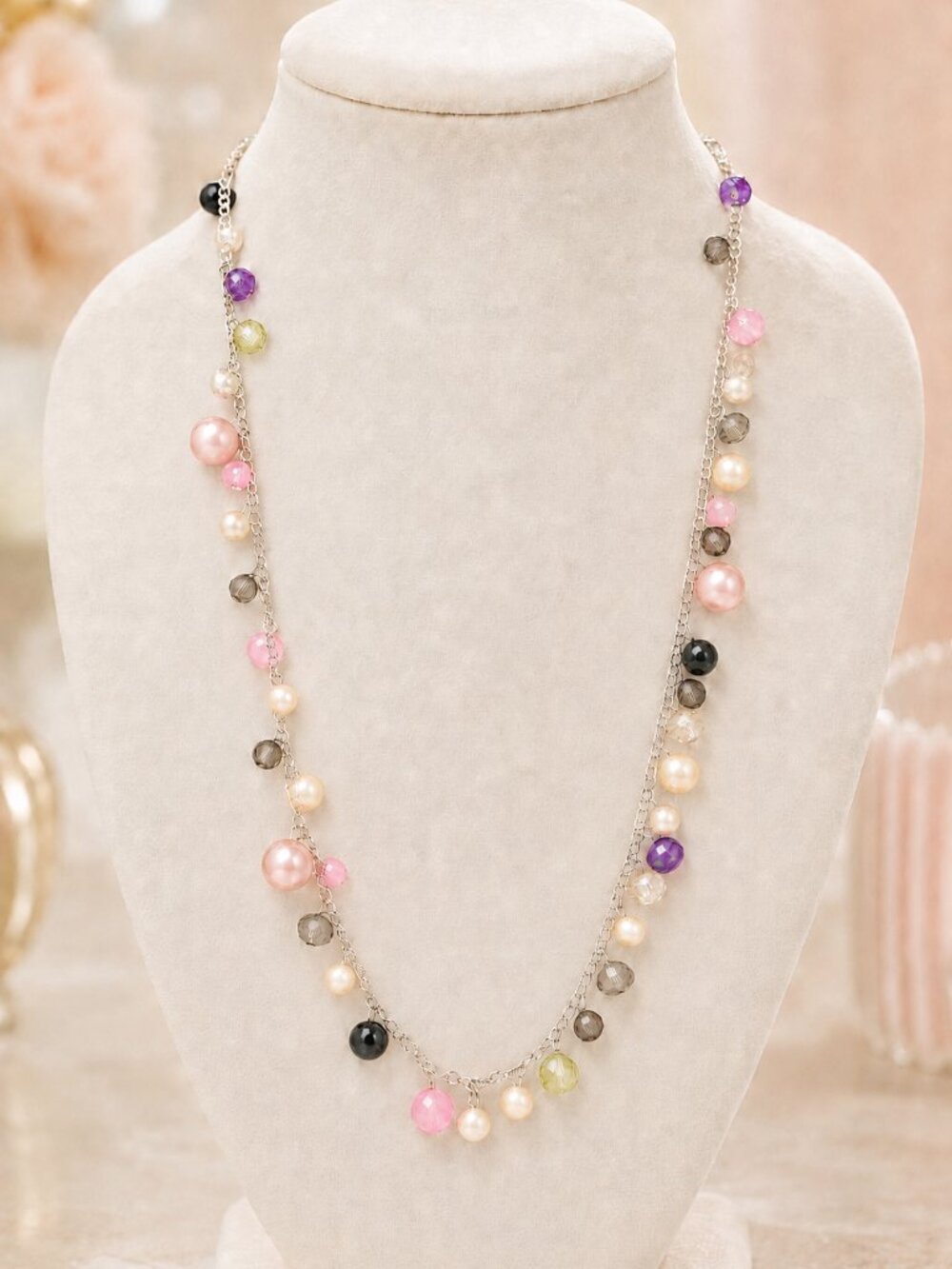 Silver-Tone Multicolor Beaded Station Necklace